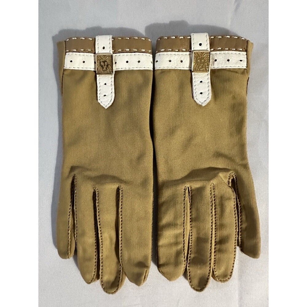 Vintage Anne Klein for Aris Isotoner Gloves Tan White Leather Strap Lion Head M